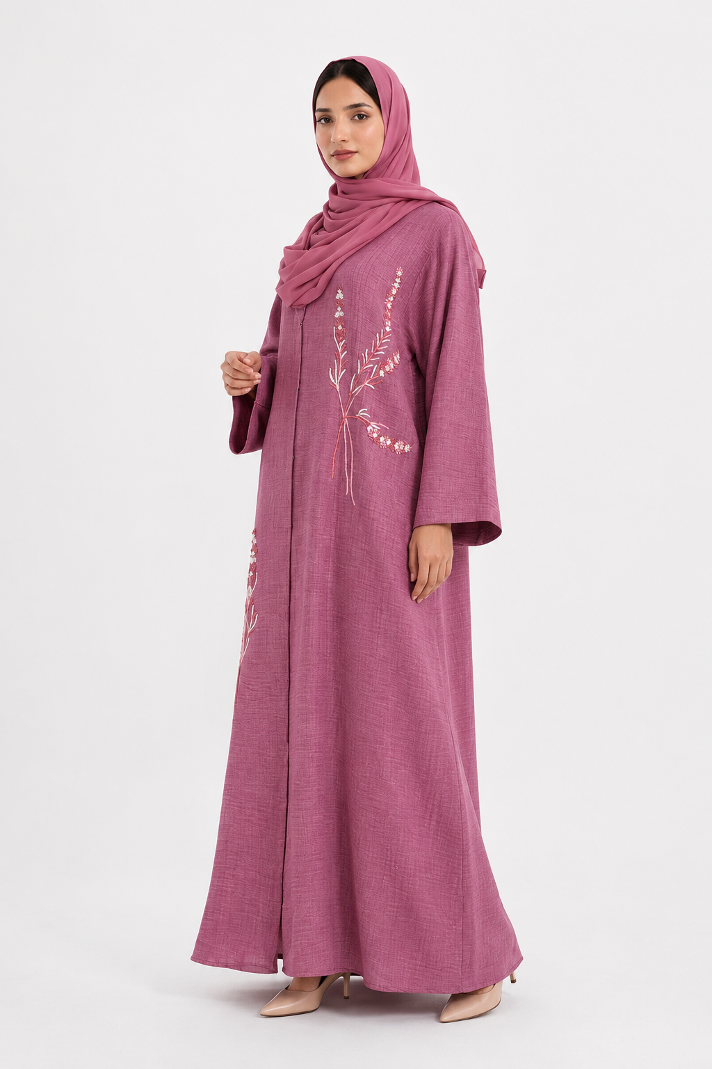 Orchid Mauve Floral Embroidered Front Open Abaya